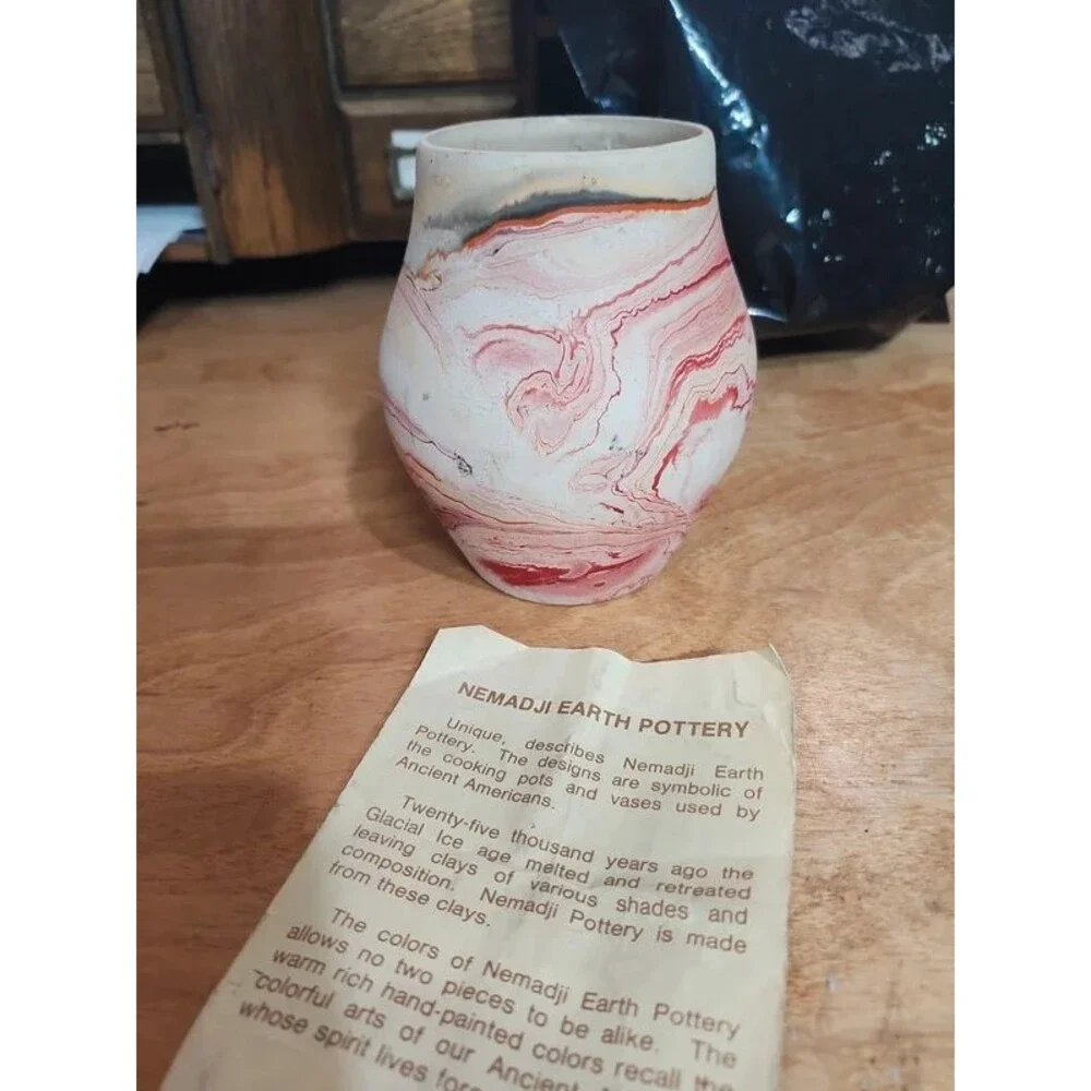 Nemad Ji earth pottery vase 5 inches tall with papers telling about it